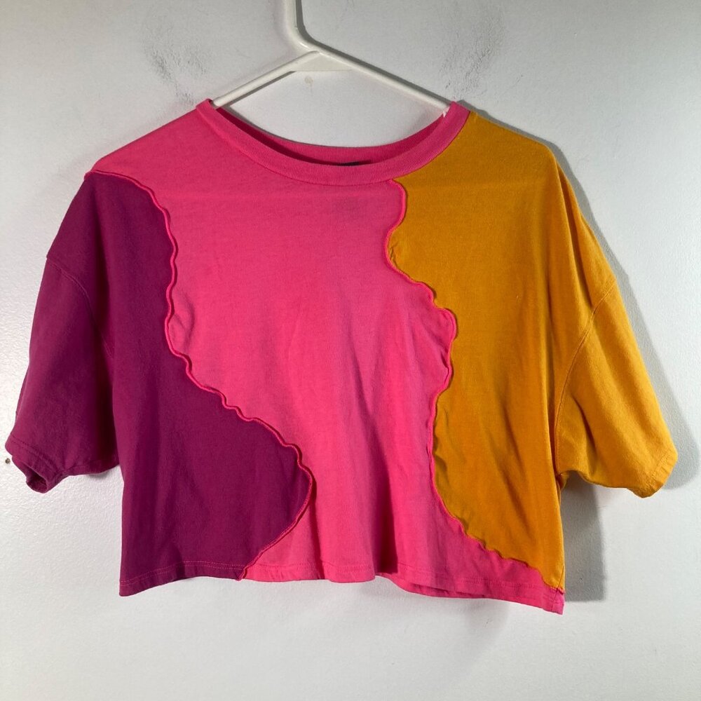 Womens Wild Fable Color Block Cropped Tee Shirt Short Sleeve Pink Orange XS Cott